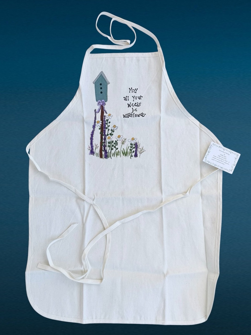 Wildflower and Birdhouse Motif Hand-Painted Beige Canvas Apron